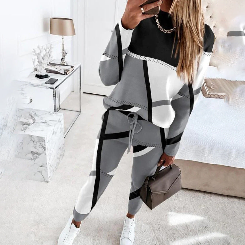Women's Two-piece Printing Color Contrast Long Sleeve Suits