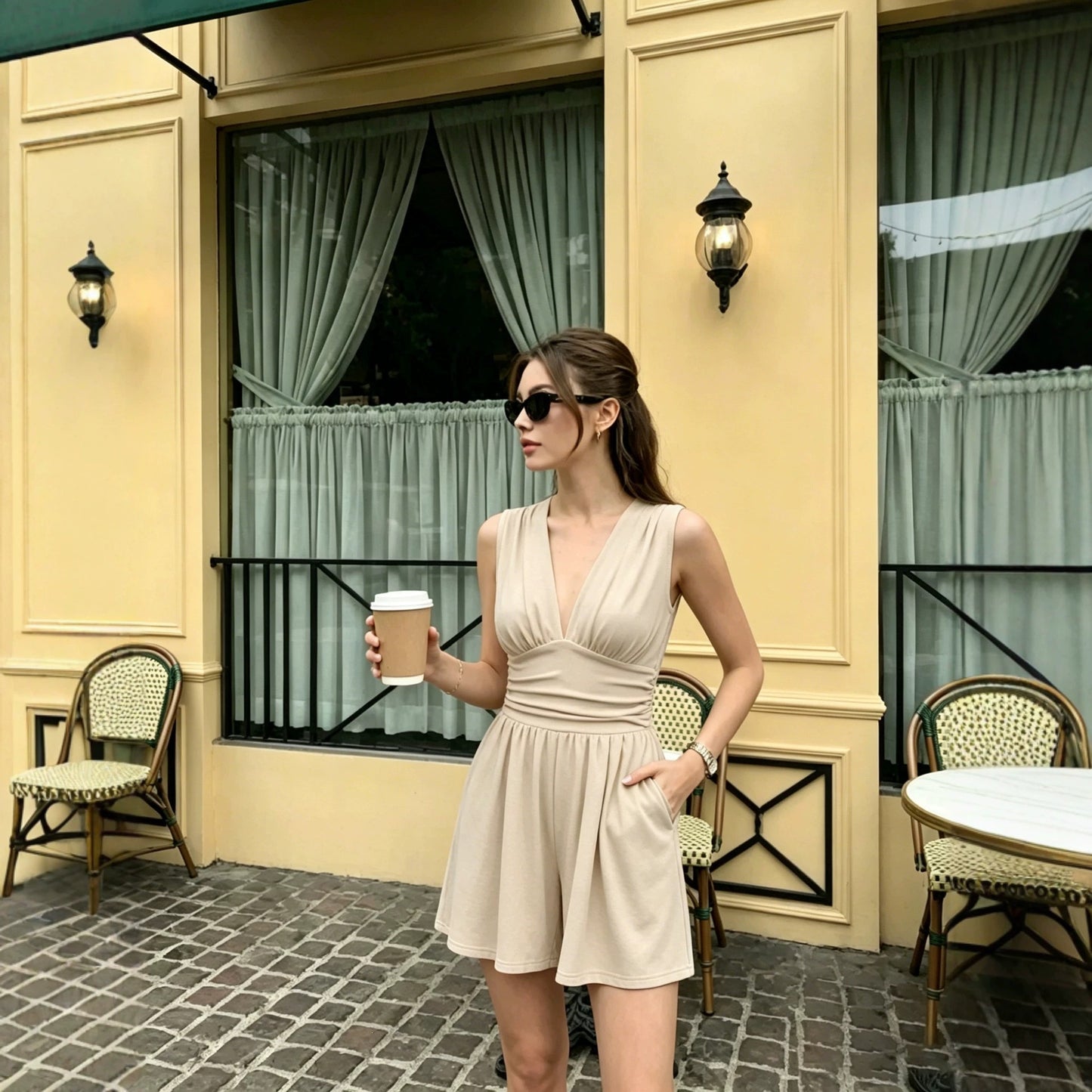 Women's Casual Deep V Stretch Sleeveless Summer Tight Waist Jumpsuits