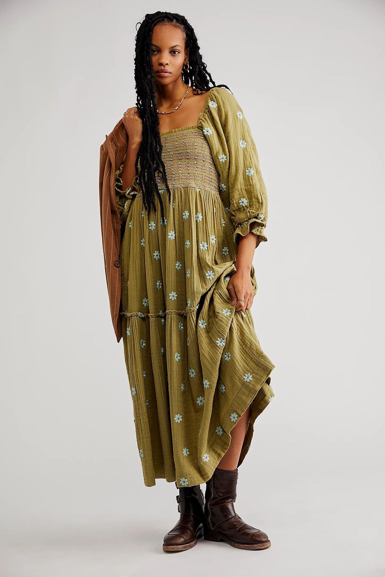 Autumn Casual Bell Sleeve Smocking Embroidered Square Dresses