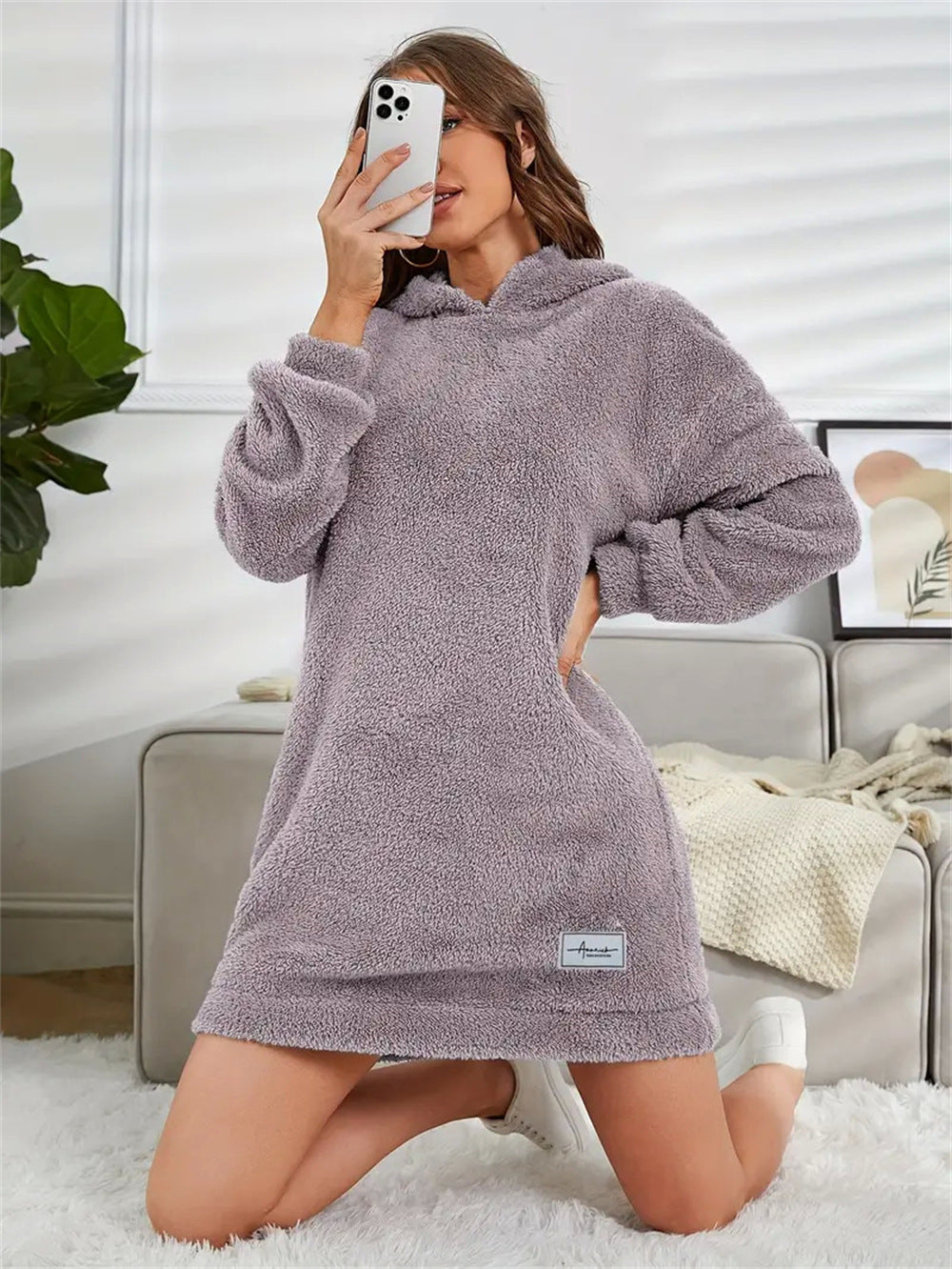 Women's Hooded Long-sleeved Plush Dress Loose Hoodie Women's Sweater, Sweater