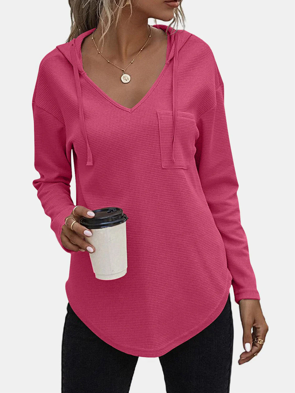 Women's Xi Waffle Casual Fashion Solid Color Hooded Knitted Patch Pocket Blouses