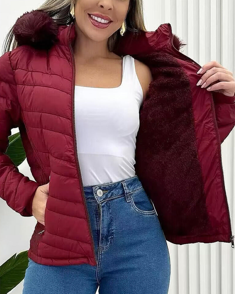 Color Waist Tight Hooded With Fur Blouses