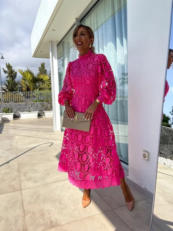 Sexy Hollow Long-sleeved Stand Collar Large Dress