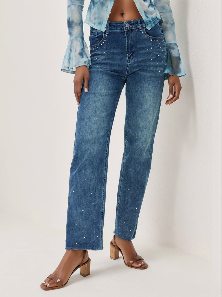 Women's Straight Casual Soft Comfortable Texture Fabric Rhinestone Design Jeans