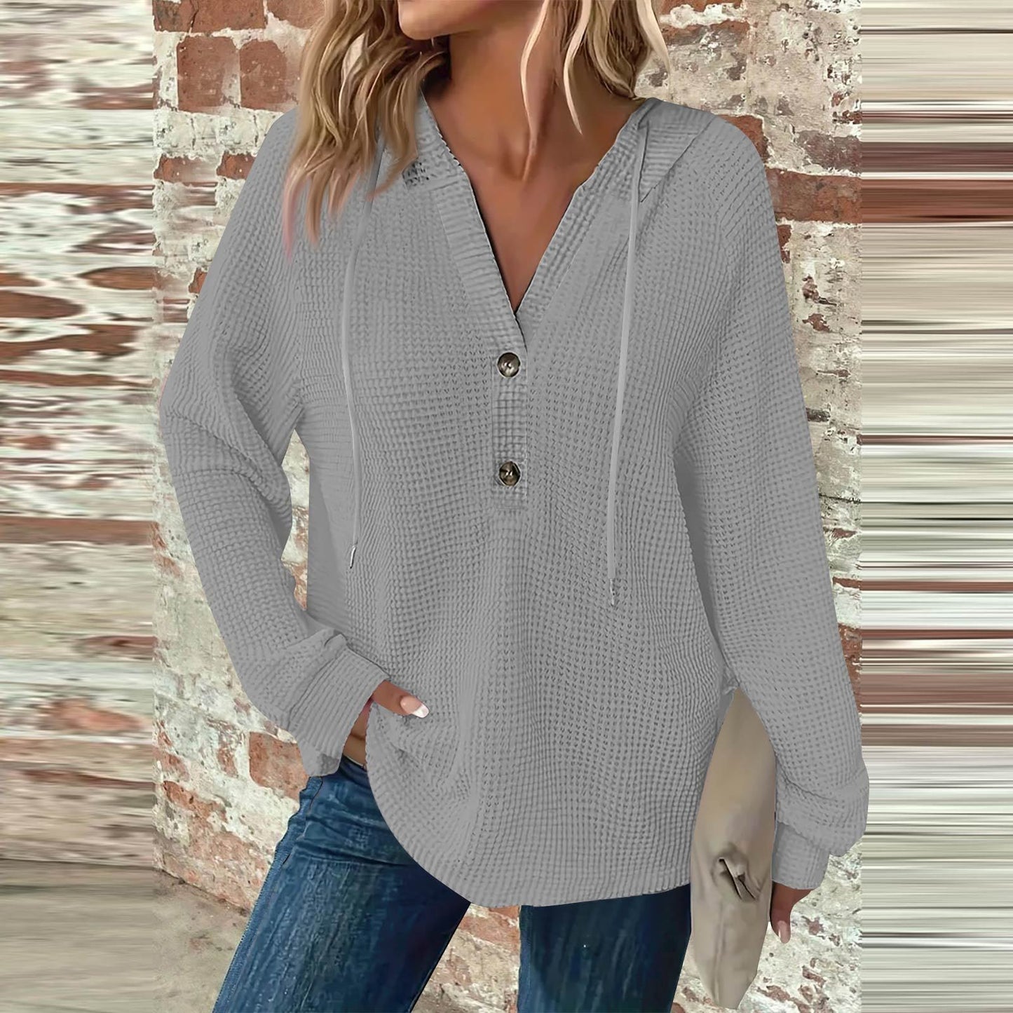 Women's Hoodie Waffle Knit Drawstring Button Long Sleeve Pullover Leisure Sweaters