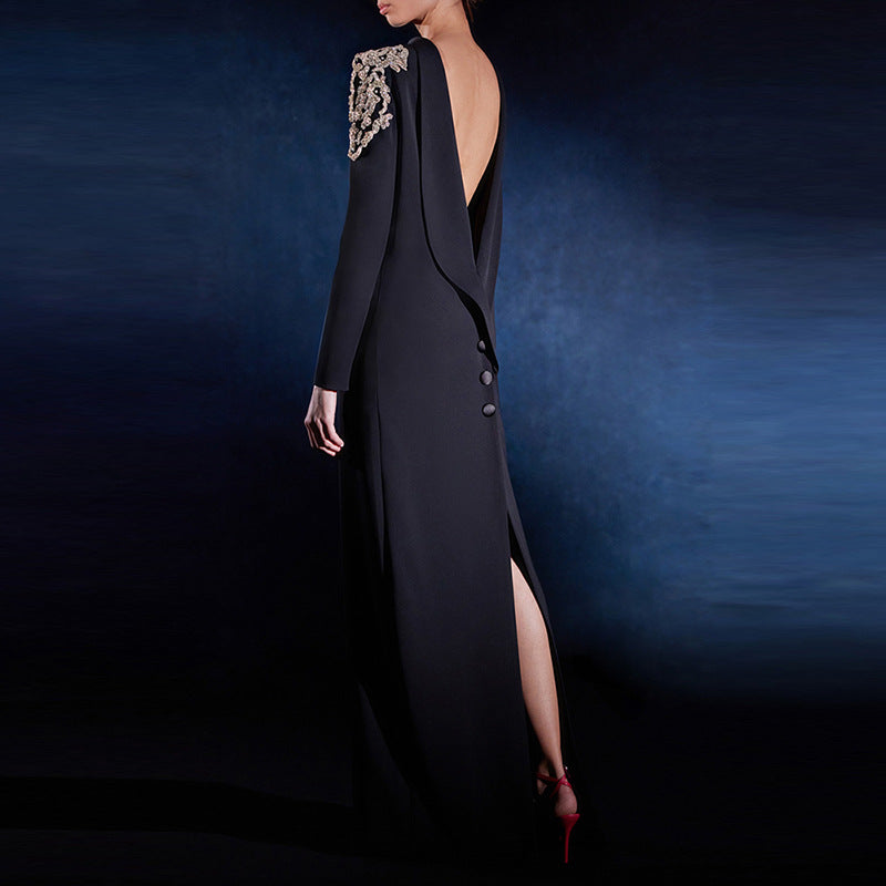 Slouchy Fashion Bead Diamond Backless Long Dress