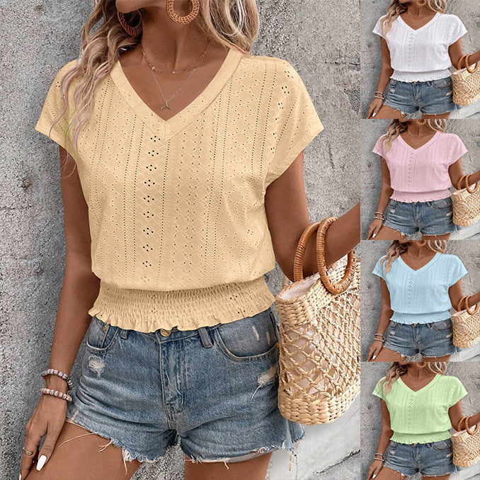 Women's Jacquard Smocking Short-sleeved Fashion Casual Women's T-shirt