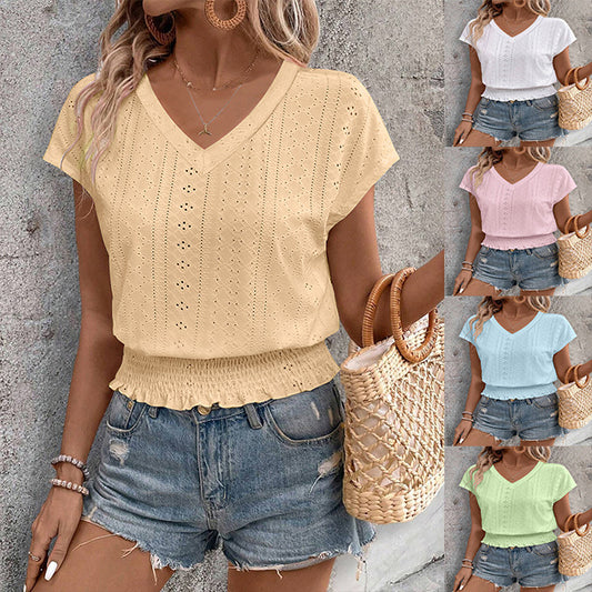 Women's Jacquard Smocking Short-sleeved Fashion Casual Women's T-shirt