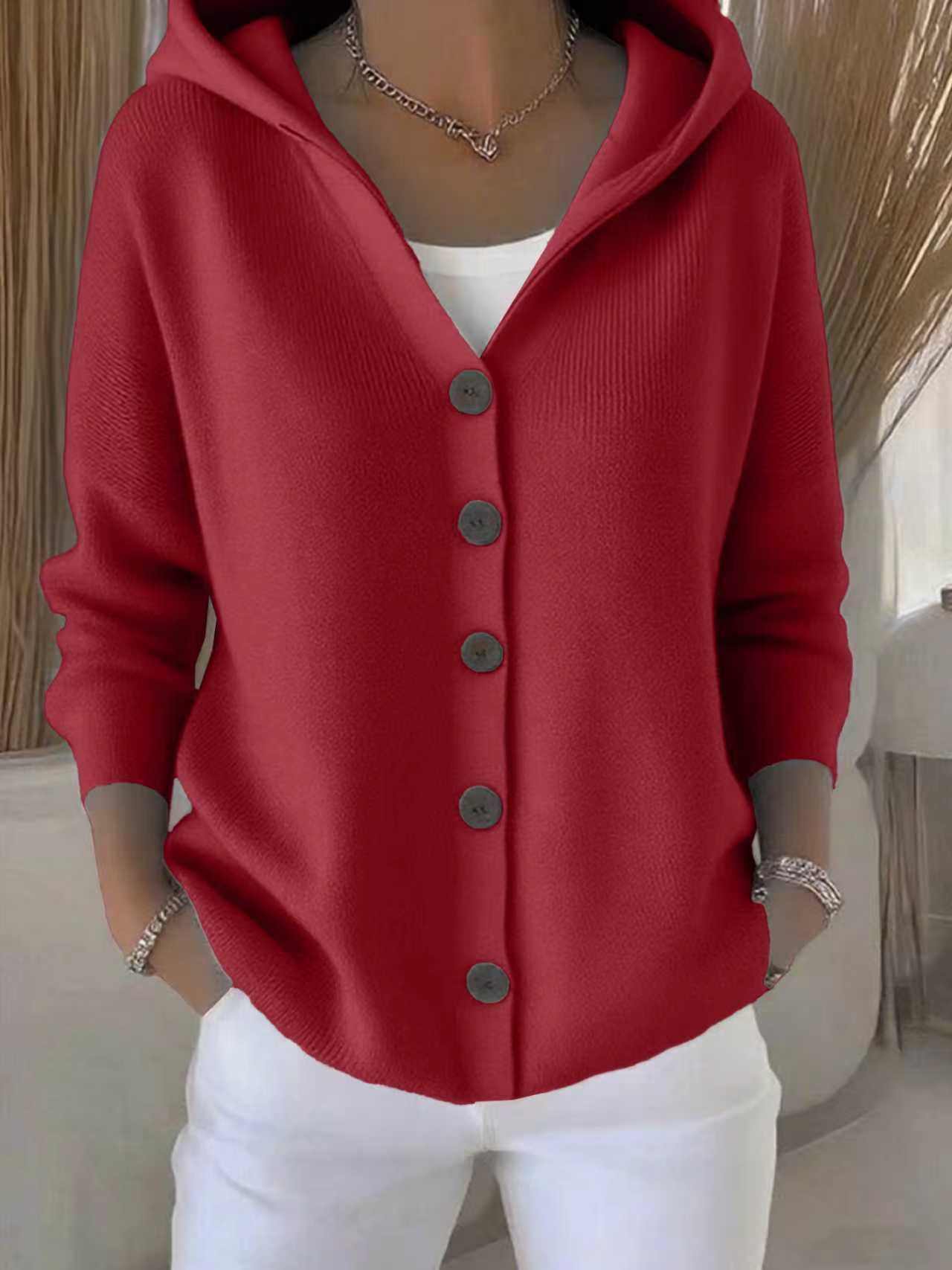 Women's Hooded Knit Solid Color Casual Fashion Cardigans