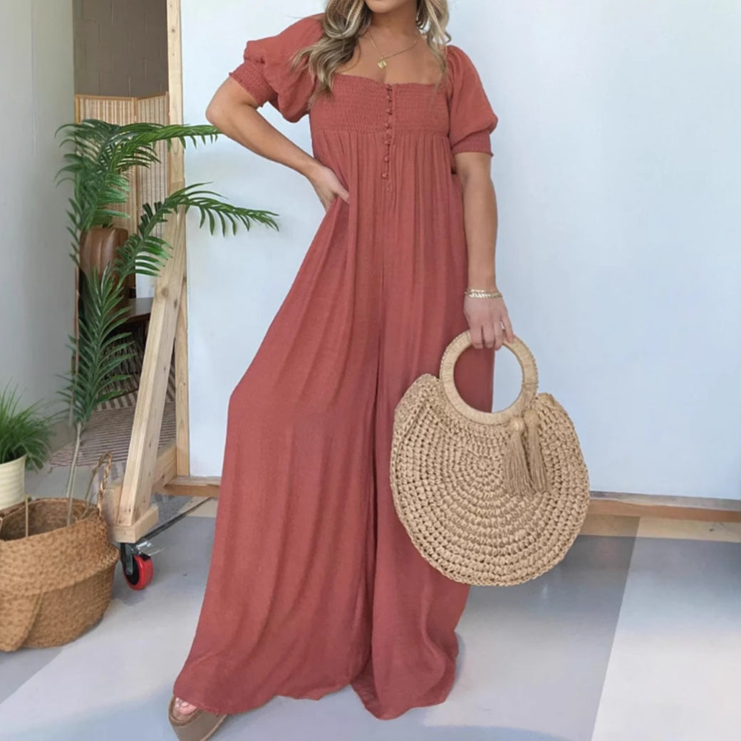 Pure Color Puff Sleeve Pleated Siamese Skirts