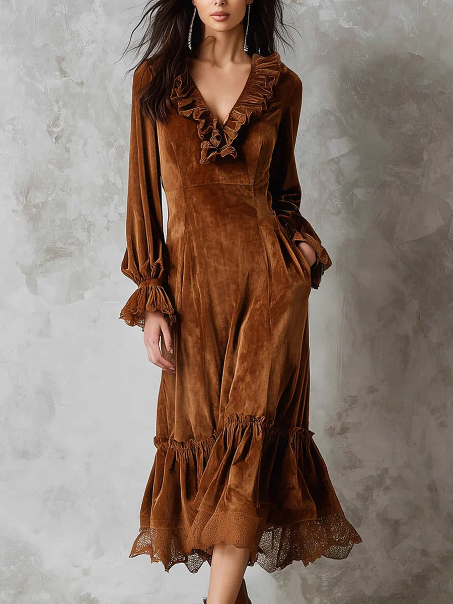 Women's French Lace Patchwork Puff Sleeve Ruffled Dresses
