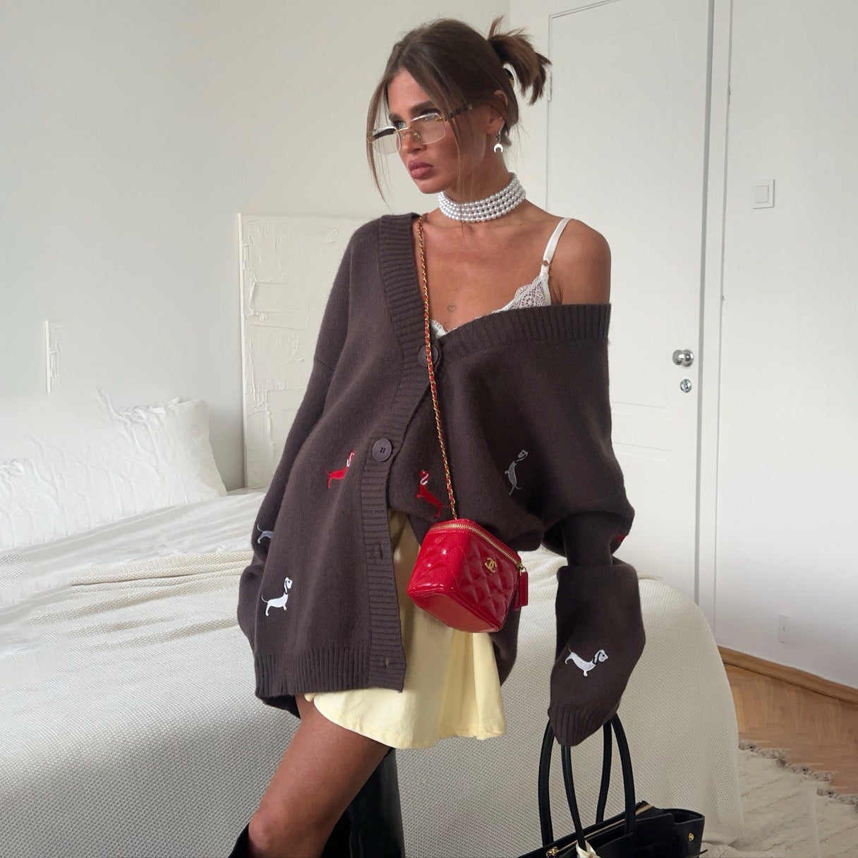 Style Idle Sausage Dog Embroidered Loose Sweaters
