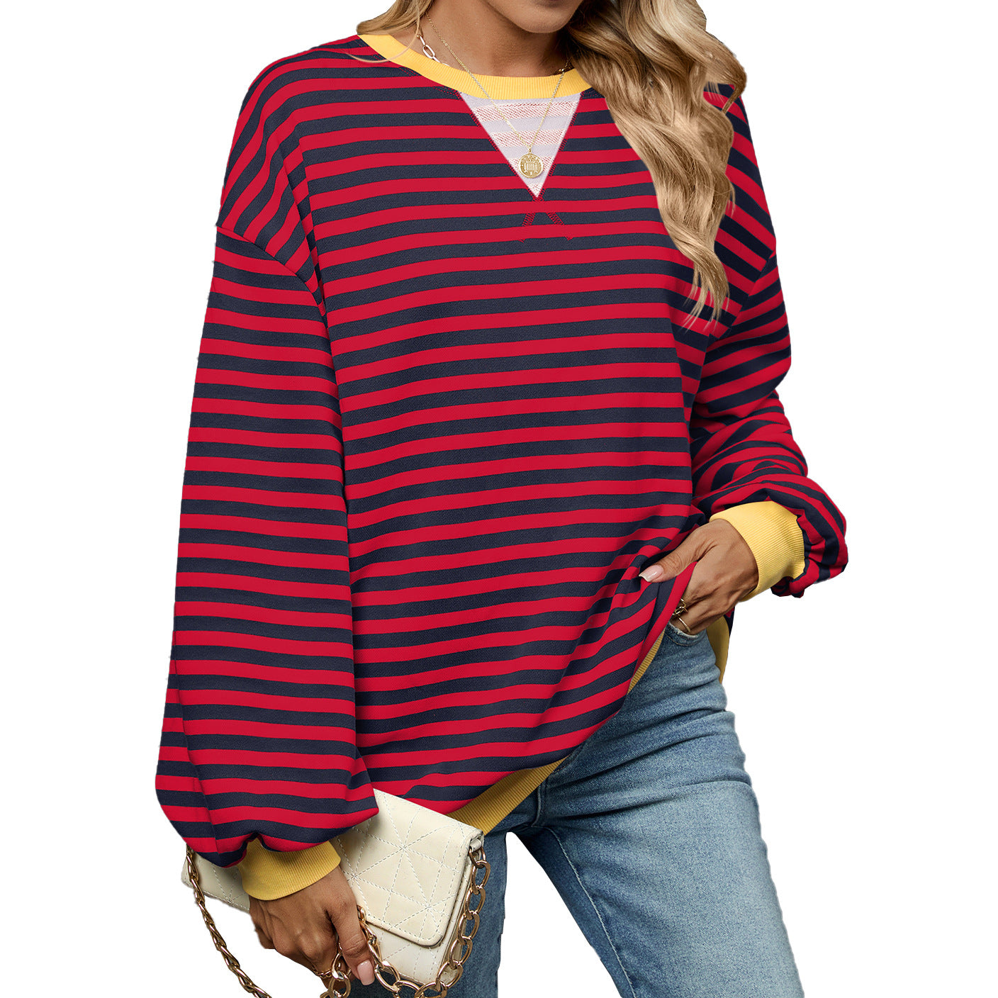Women's Color Contrast Patchwork Loose Long Sleeve Striped Round Neck Sweaters