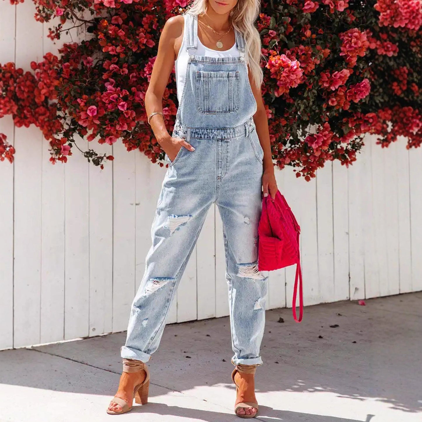 Women's Light Blue Broken Hole Denim Overalls Jeans