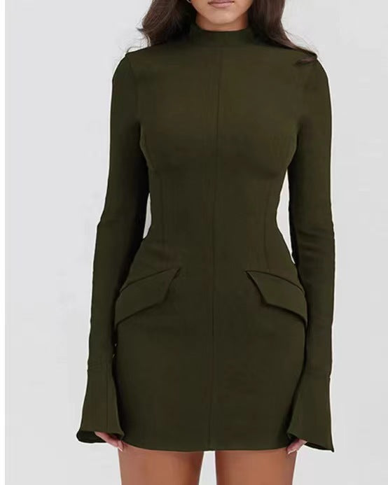 Women's Fashion Sexy Hot Hip Elegant Long Sleeve Solid Color Dress