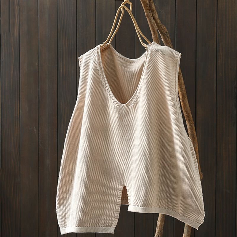 Women's Simple Irregular Lower Hem Ethnic Style Knitted Retro Loose Pullover Women's Vest