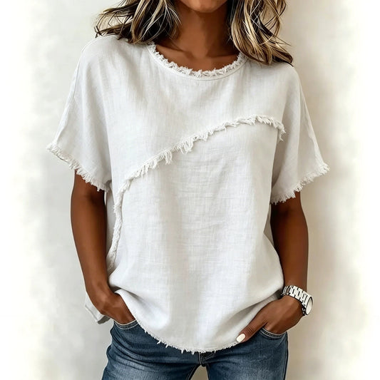 Women's Neck Casual Raw Edge Panel Loose Women's T-shirt