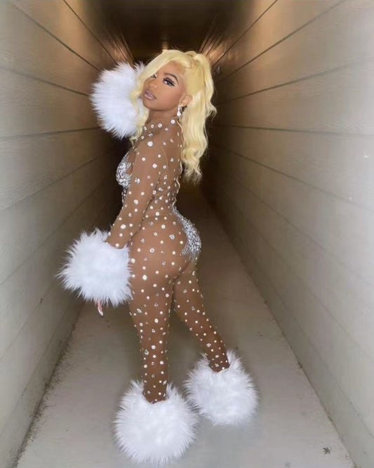 Sexy Rhinestones Transparent Mesh Feather Tight Nightclub Jumpsuits