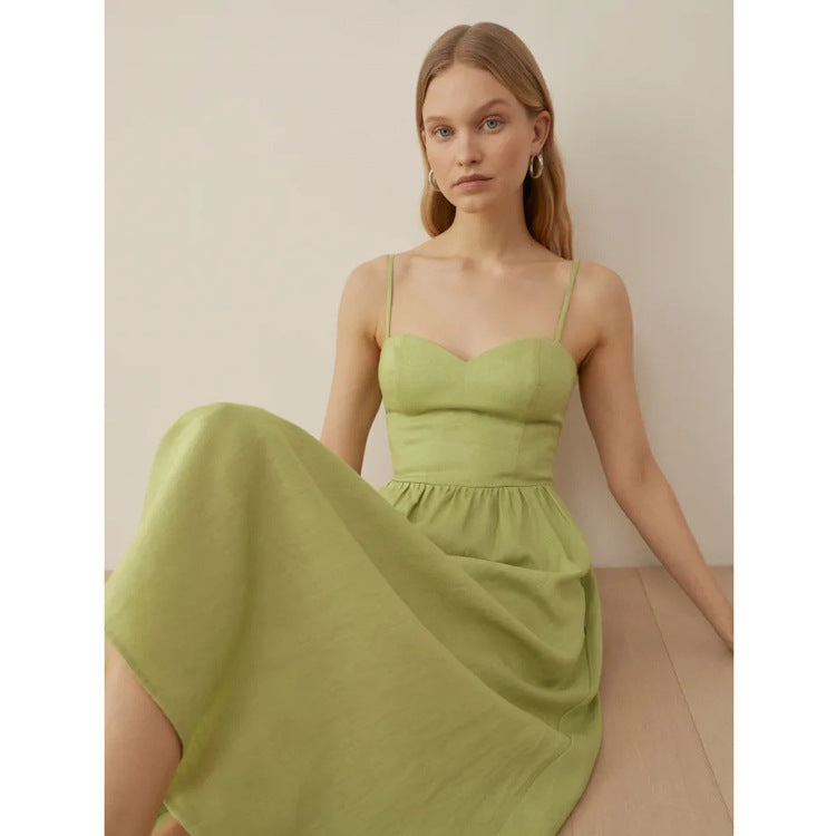 Women's Green Suspenders Linen Mid-length Dress French Dresses