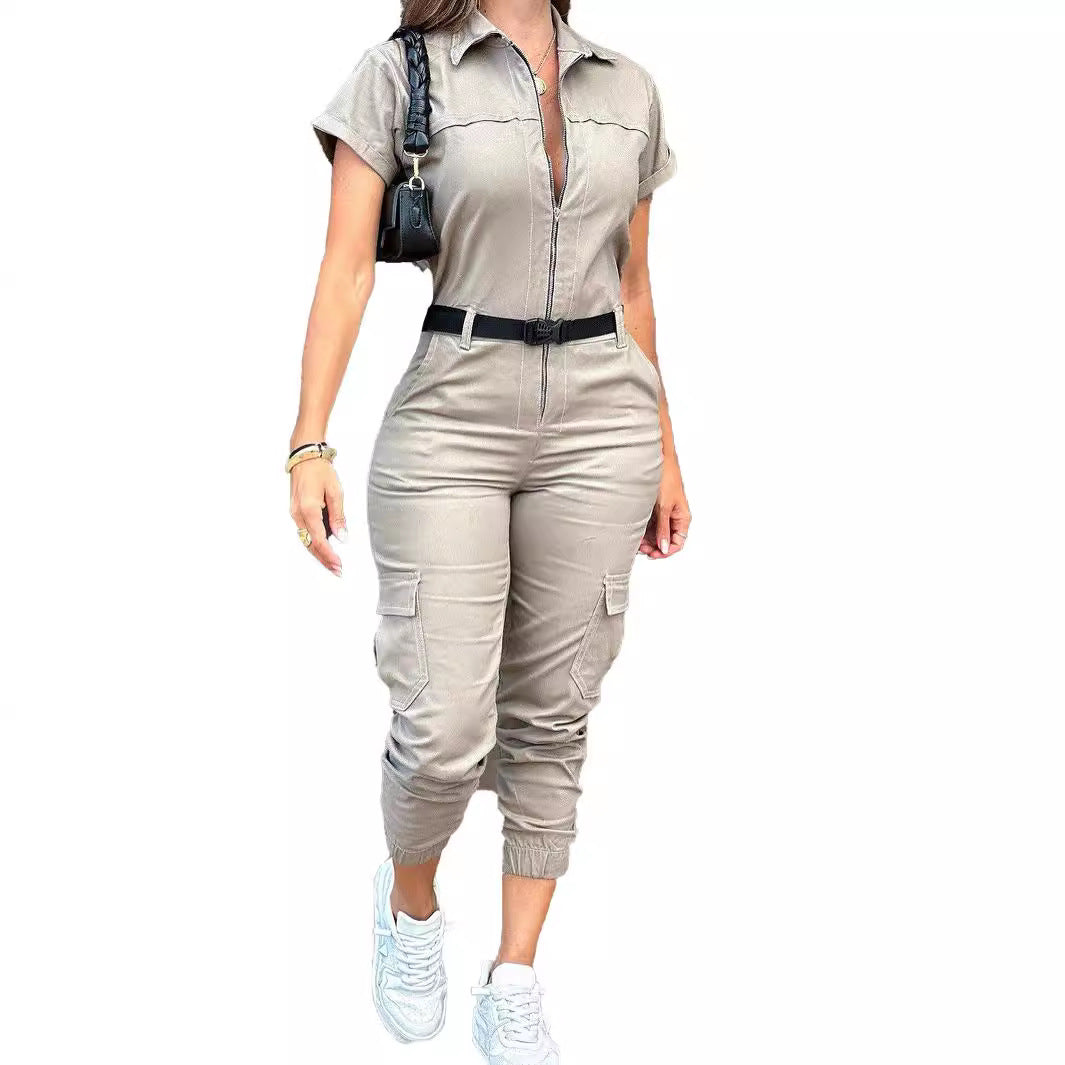 Women's Fashion Zipper Coveralls Sleeve Lapel Belt Jumpsuits