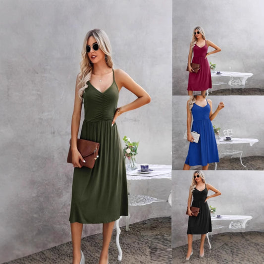 Women's Summer Fashion Temperament Solid Color Suspender Dress