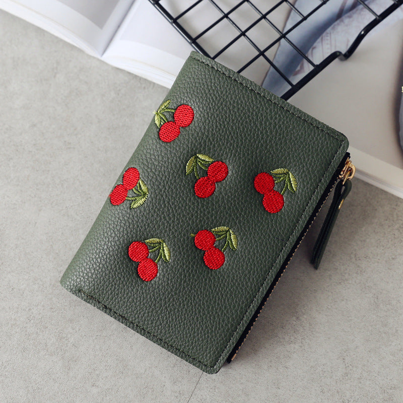 Women's Style Vertical Cherry Embroidery Short Fashion Ladies Wallets