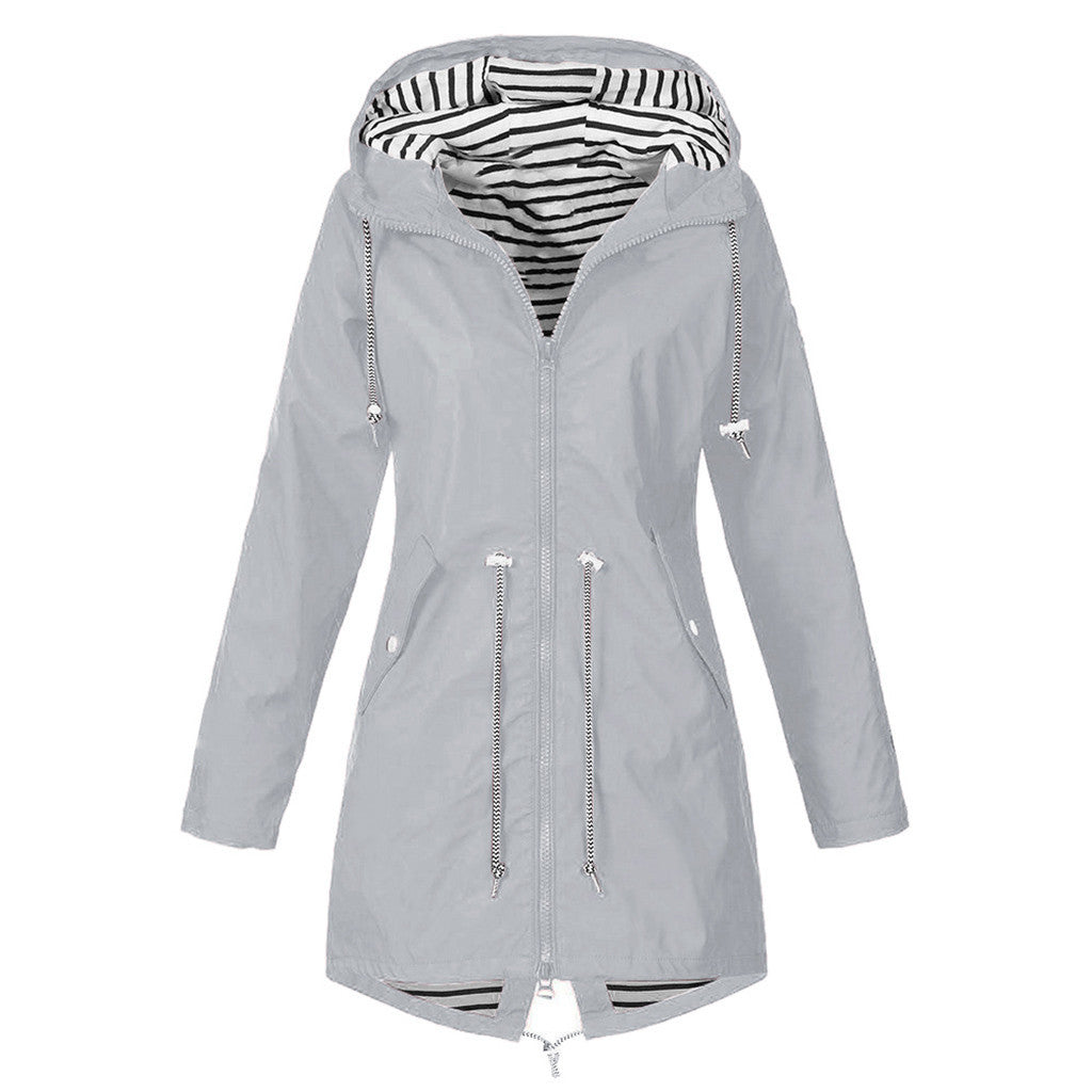 Women's Full Striped Shell Hooded Outdoor Raincoat Plus Size