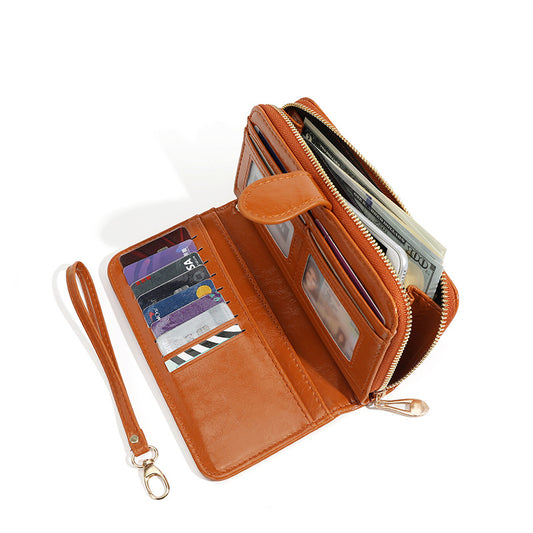 Women's Oily Leather Retro Oil Wax Skin Mobile Long Ladies Wallets