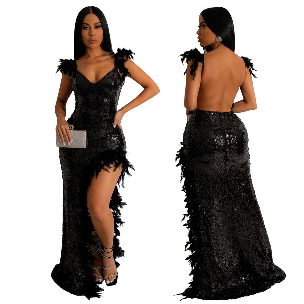Sexy Feather Sling High Slit Sequins Backless Dresses