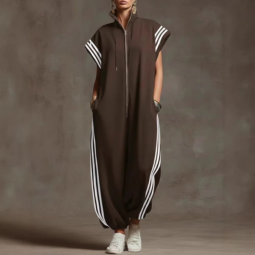 Zipped Stand Collar Striped Contrast Color Fashion Quick Women's Jumpsuit/clothing