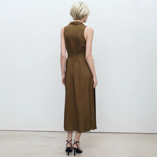 Sleeveless Solid Color Waist Tight Shirt Dresses