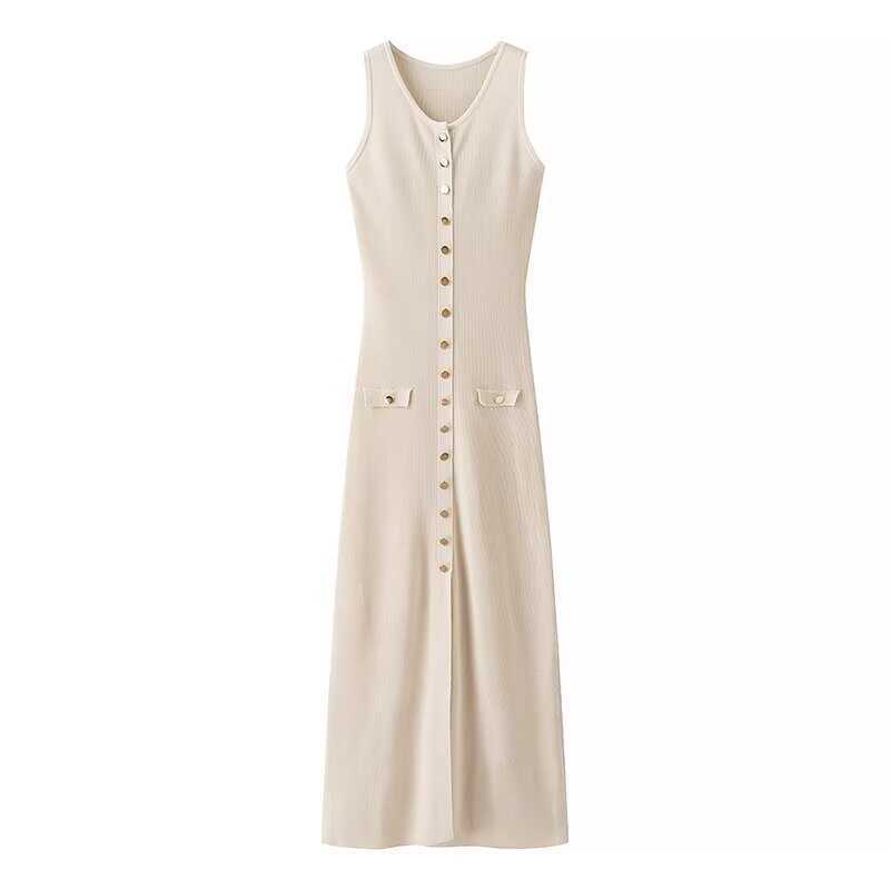 Neck Sleeveless Single-breasted High Waist Slim Dresses