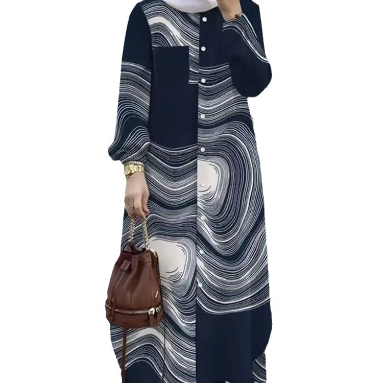 Women's Muslim Temperament Patchwork Long Sleeve Lapel Blouses