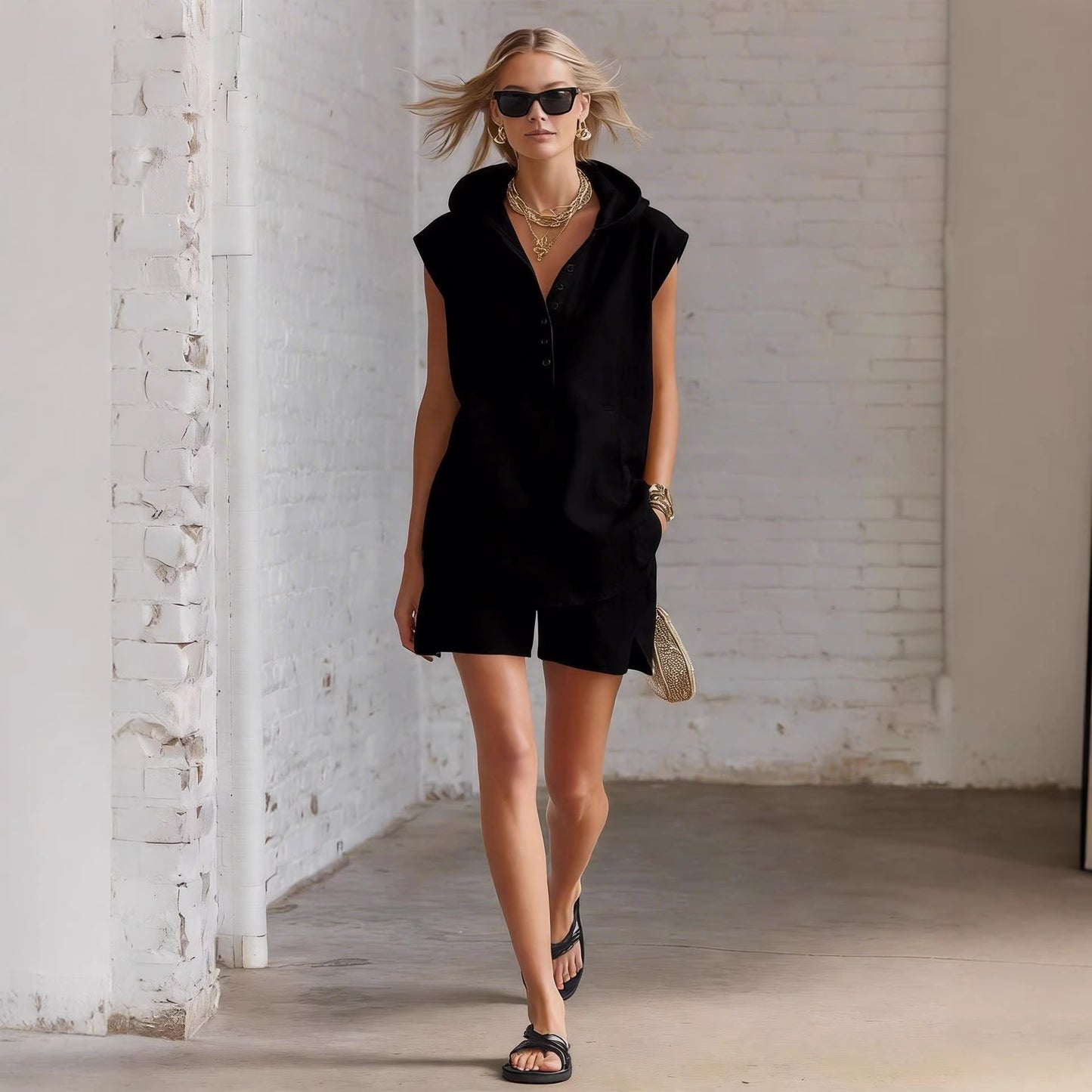 Comfortable Durable Women's Fashionable Hooded Sleeveless Shorts