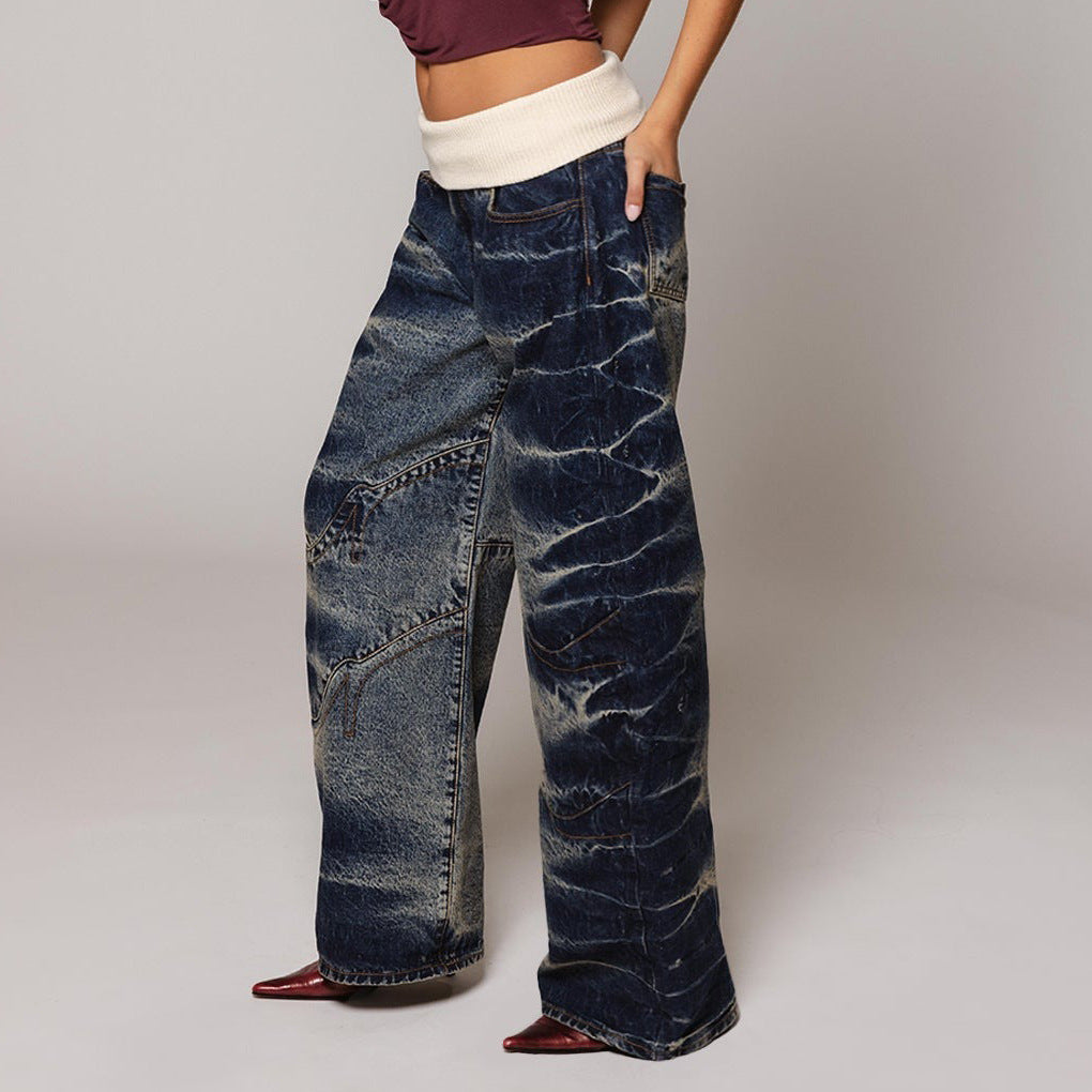Women's & Men's & Waist Head Washed Worn Trendy Jeans