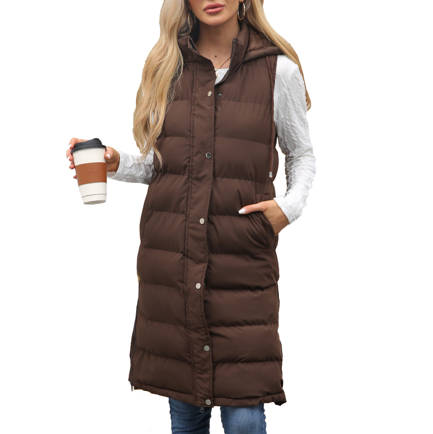 Women's Ladies Hooded Sleeveless Long Solid Color Vests