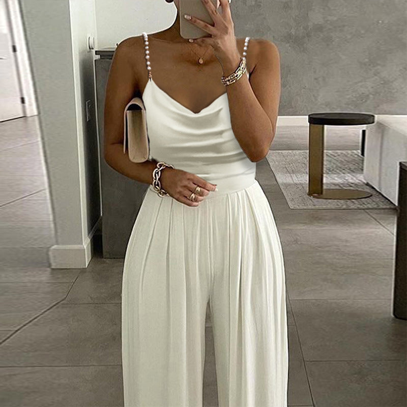 Pearl Suspender Wide Leg Sleeveless Backless Jumpsuits