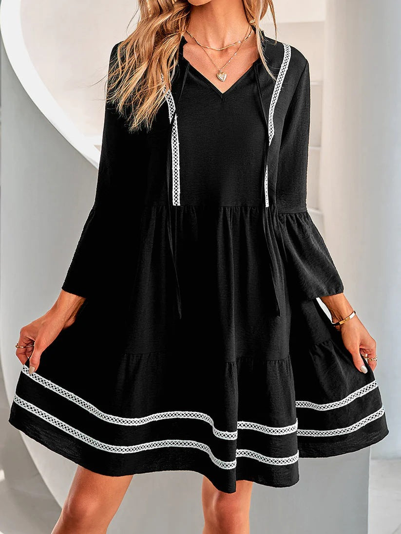 Women's Simple Casual Pleated Short-sleeved Hooded Lace Dress