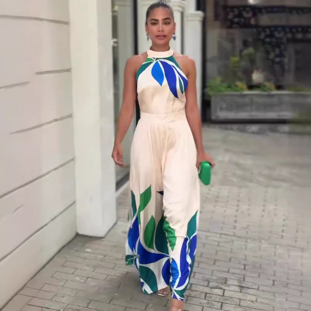 Women's Summer Printed Sexy Dew Sleeveless Flared Jumpsuits