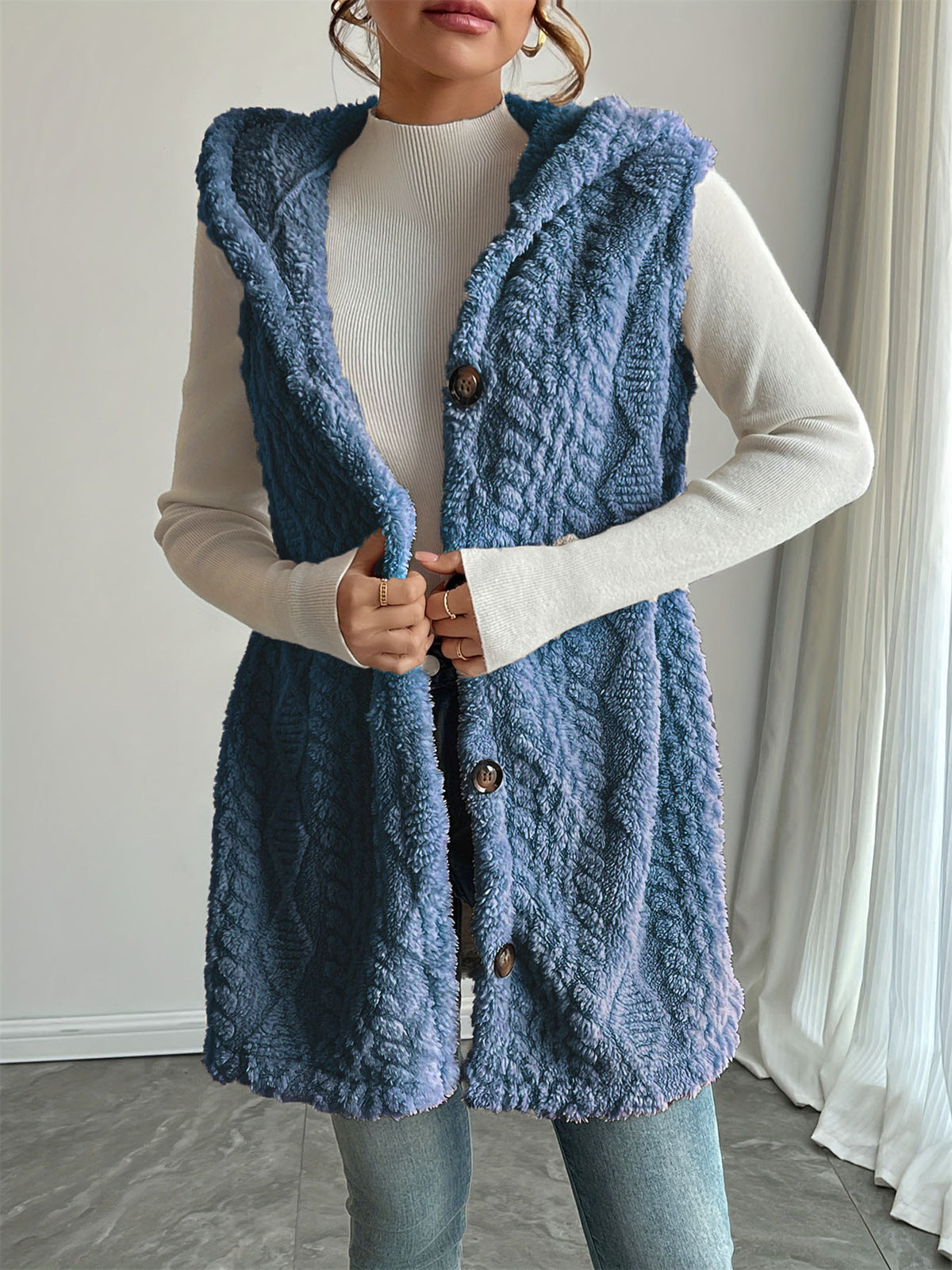Solid Color Double-sided Plush Hooded Button Women's Vest