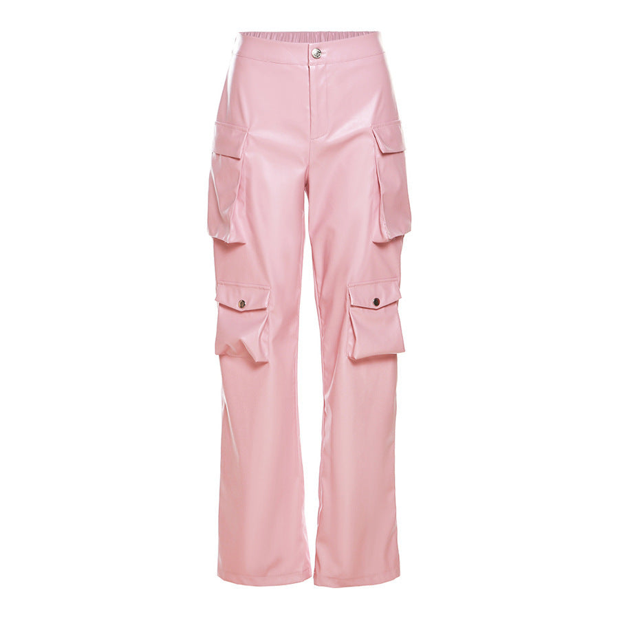 Women's Faux Leather Pocket High Waist Loose Straight Pants