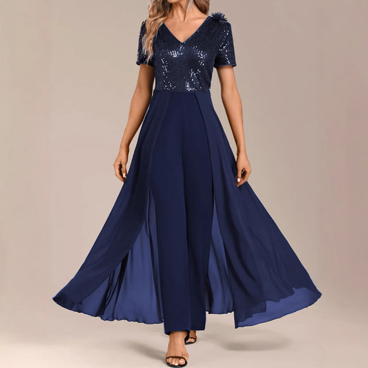 Women's Solid Color Elegant Chiffon Sequin Stitching Jumpsuits