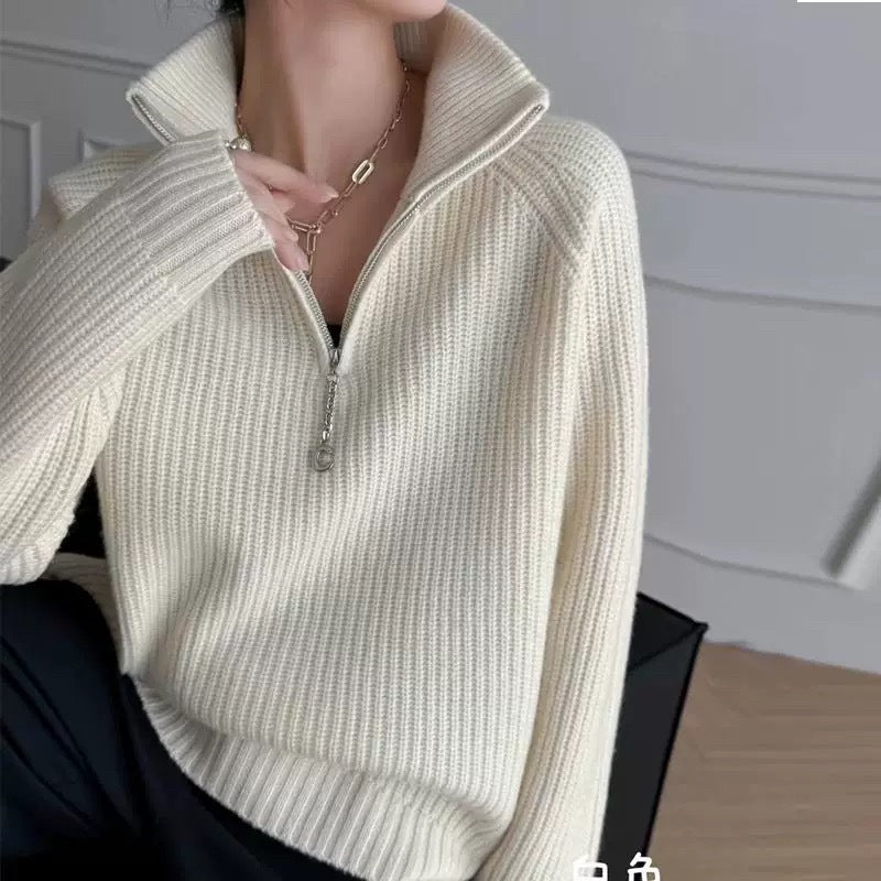 Women's Thick Fashion Design Lapel Zipper Solid Sweaters