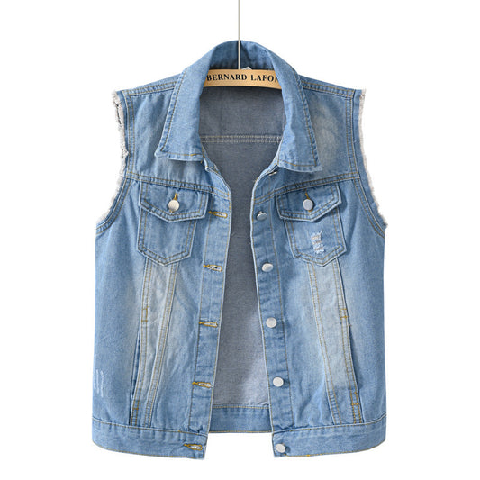 Women's Light-colored Denim Slimming Burr Sleeveless Waistcoat Women's Vest