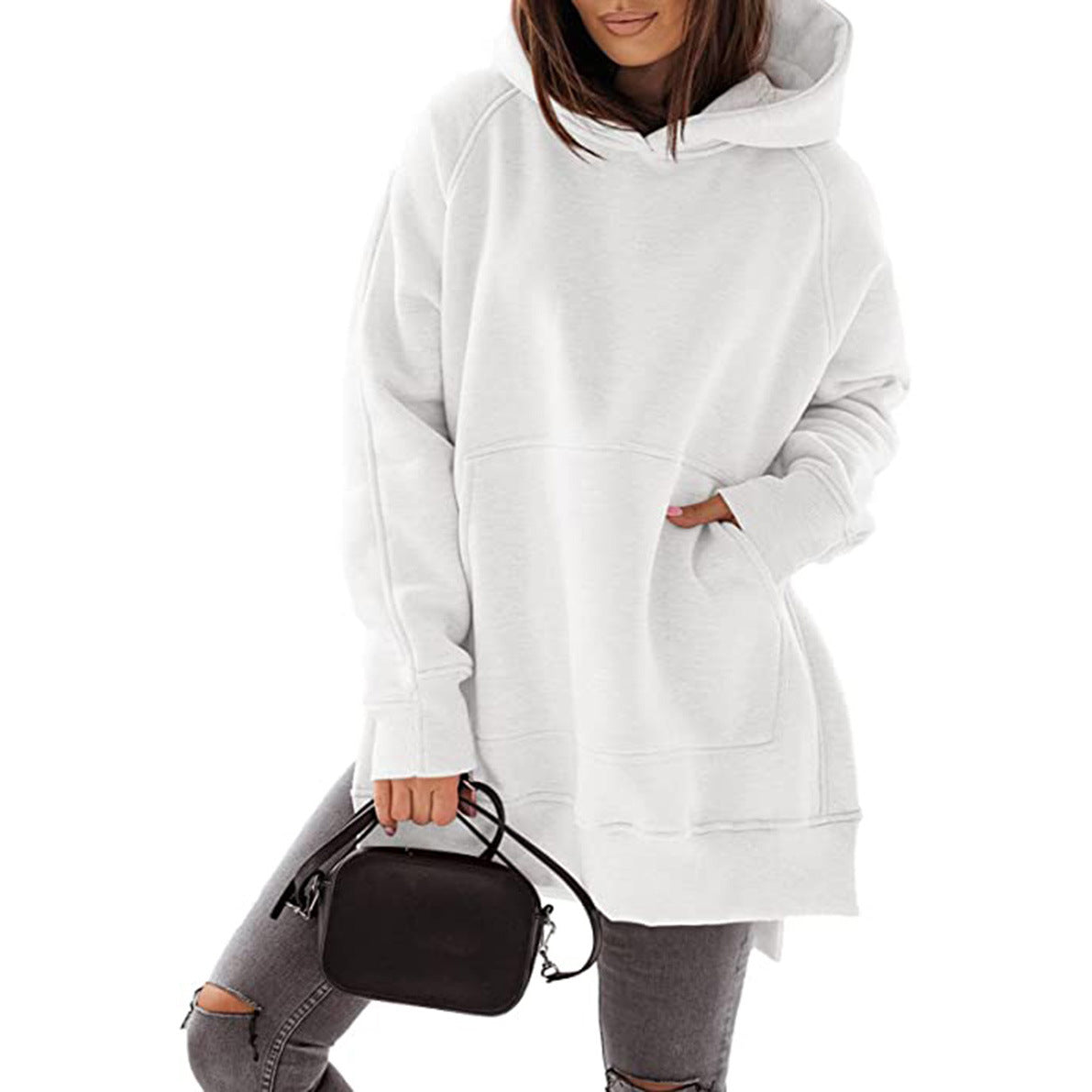 Women's Sleeve Round Neck Fleece-lined Solid Color Pocket Loose-fitting Women's Sweater, Sweater