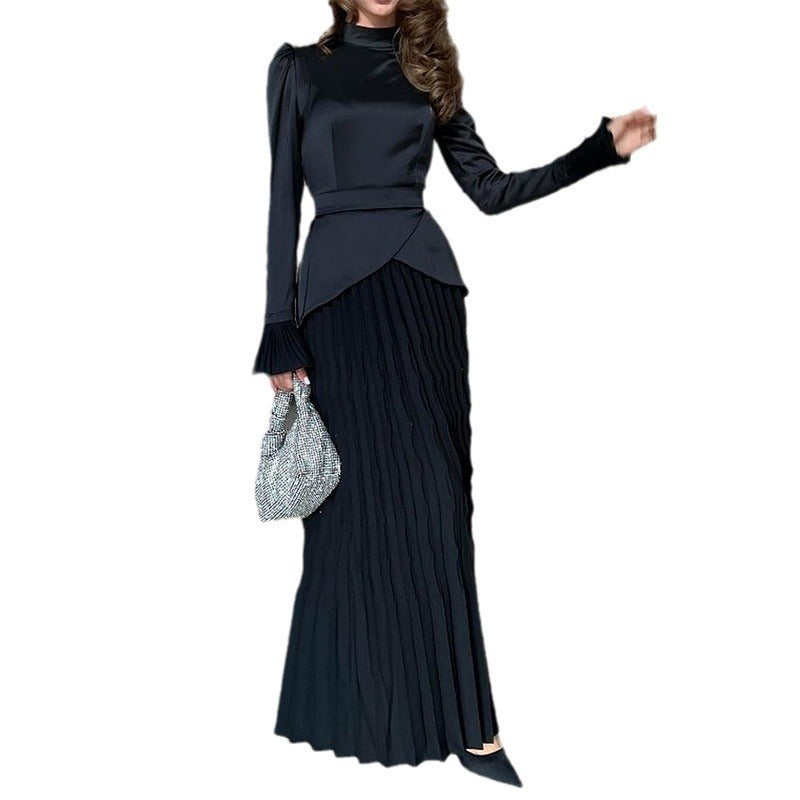 Women's Autumn Solid Color Fashion Stitching Design Round Dresses