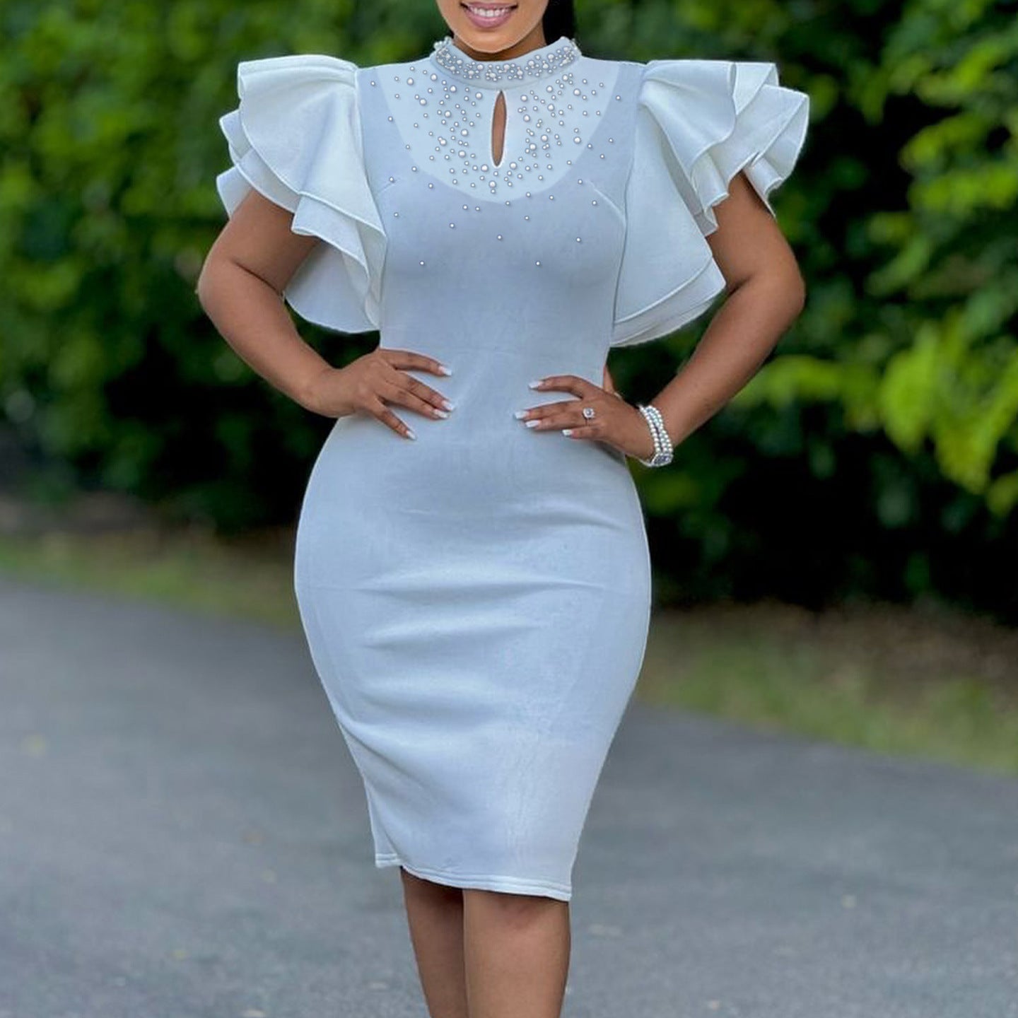 Women's Sexy Ruffle Sleeve Beading Party Dinner Dresses