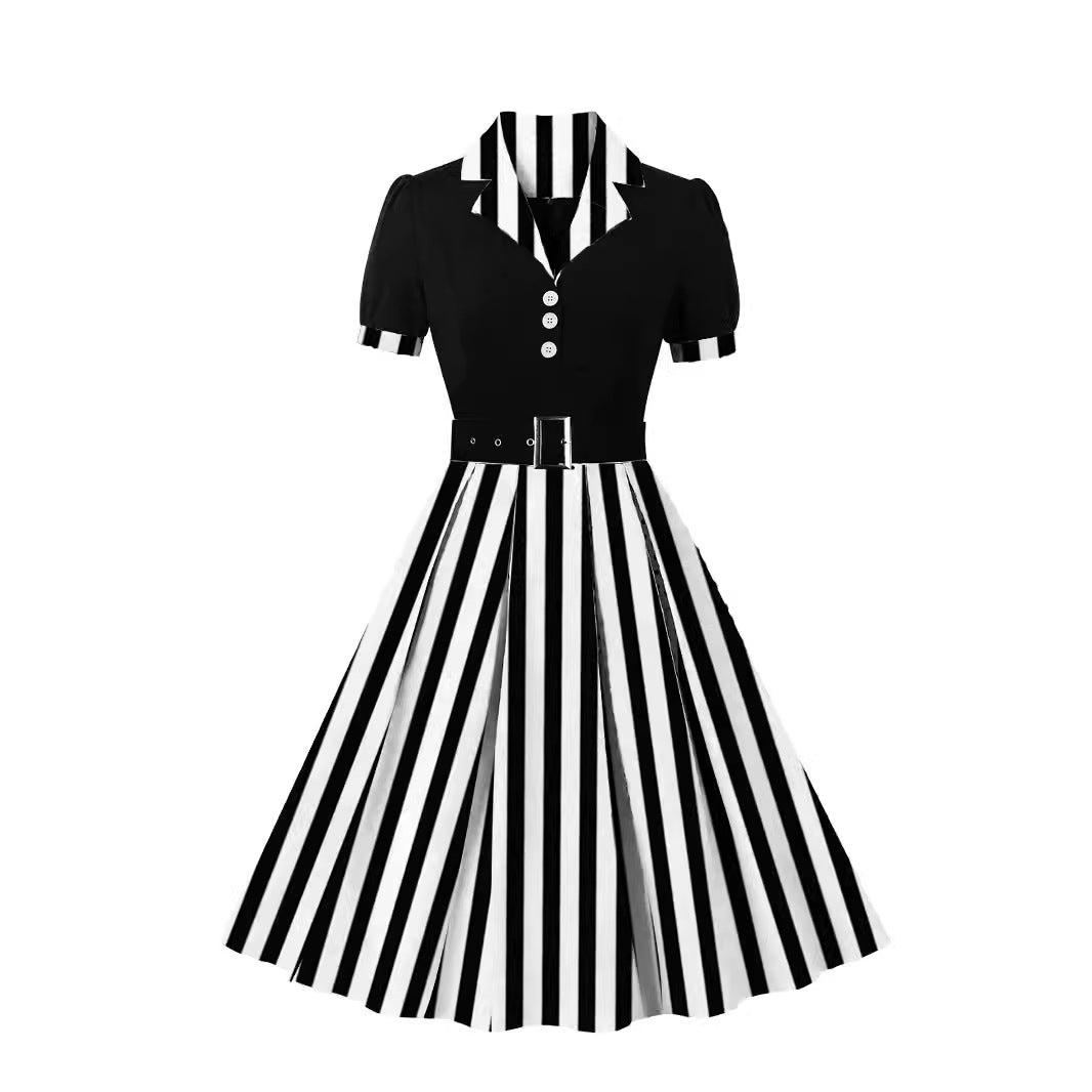 Women's Polka Dot Lapel Sleeve Belt Slim Dresses