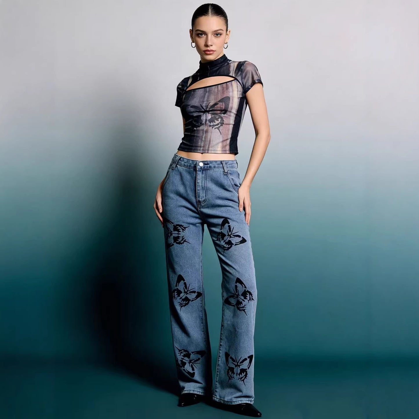 Women's Fashion Design Loose Printed Pattern Straight Women's Jeans