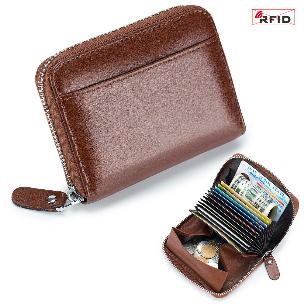 Men's Leather First Layer Cowhide Zipper Organ Card Holder